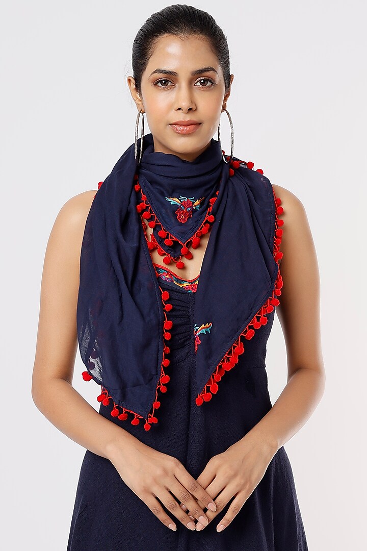 Navy Embroidered Scarf by IKSANA